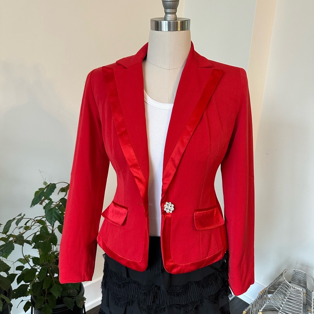 Red Women's Blazer with Satin Trim